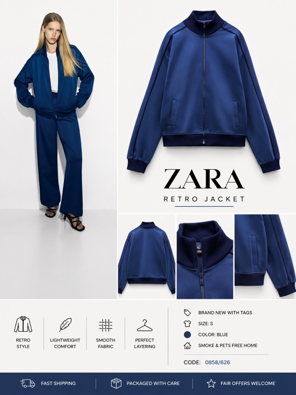 ZARA Blue Retro Track Jacket NWT Size S Zip Front Athleisure Sporty Jacket